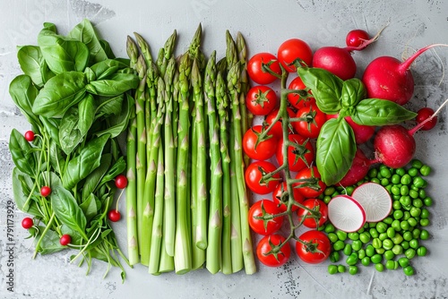 A variety of fresh vegetables neatly arranged on a wooden table, showcasing colors and textures