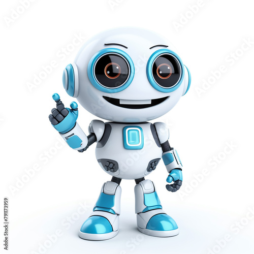 3d render,Cute robot with smiling face waving its hand. Chatbot greets. isolated on white backdrop.