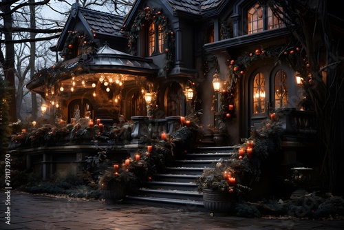 Beautiful wooden house with christmas decorations in the park at night