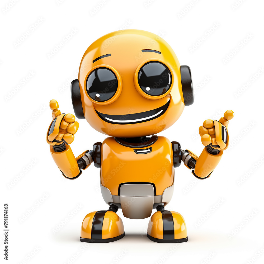 3d render,Cute robot with smiling face waving its hand. Chatbot greets. isolated on white backdrop.