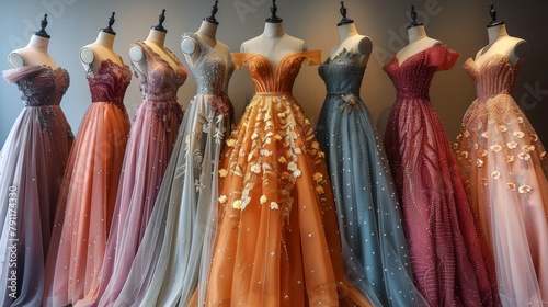 Wallpaper Mural A variety of prom dresses are showcased on display in a boutique, featuring different styles, colors, and designs for customers to browse Torontodigital.ca