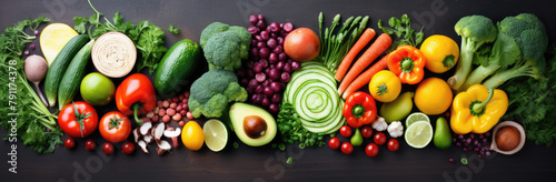 A rich tapestry of fresh fruits and vegetables meticulously arranged on a dark background  forming a gradient from greens to reds  symbolizing a healthy  balanced diet.