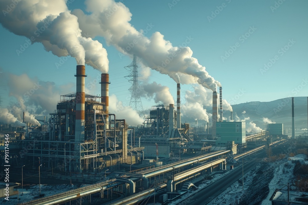 A large industrial complex with multiple smokestacks billowing dark smoke into the sky