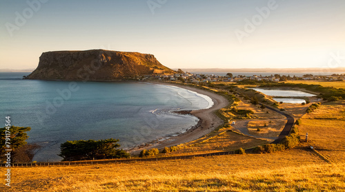 Landscape views of The Nut next to the township of Stanley in north western Tasmania, Australia at sunset