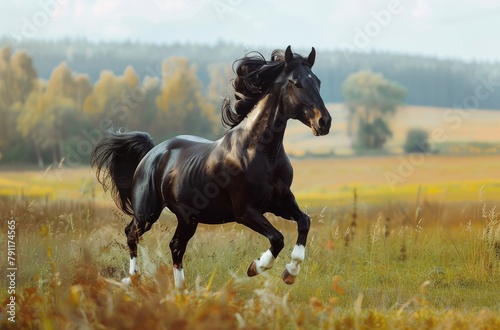 Black Horse Galloping in Field
