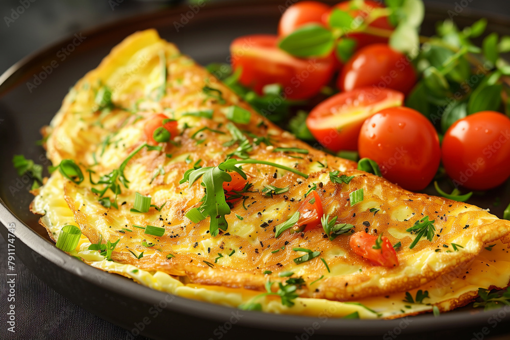 Omelette with tomatoes and herbs for breakfast on plate. Omelette with tomatoes and herbs for breakfast on plate.