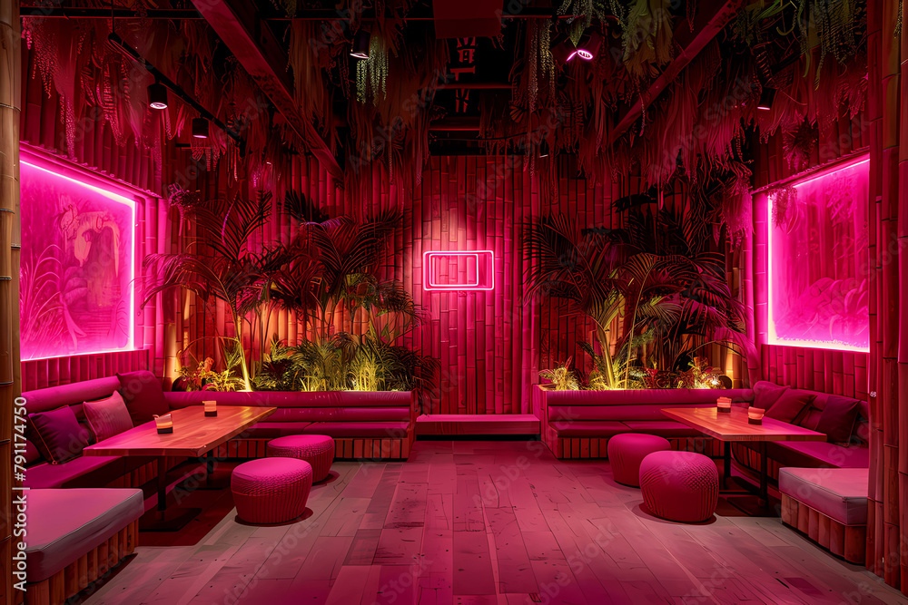 Modern Bamboo Ceiling Restaurant: Pink Lights Reflecting Asian Street Food Vibes in a Lush Ambiance of Plants and Art Modern Bamboo Ceiling Restaurant: Pink Lights Reflecting Asian Street Food Vibes in a Lush Ambiance of Plants and Art