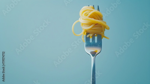 Pasta wrapped on a silver fork, noodles, macaroni, on a light blue plain background, restaurant food photo
