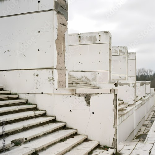 Black and white photo of a white stone staircase with concrete walls and vibrant painting