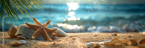 A starfish and various shells scattered on a sandy beach by the waters edge photo