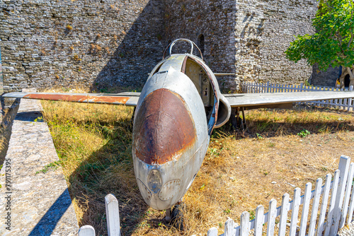 Castle with old plane that crashed in Albanian territory .Architecture of the Ottoman empire, Gjirokaster- Albania