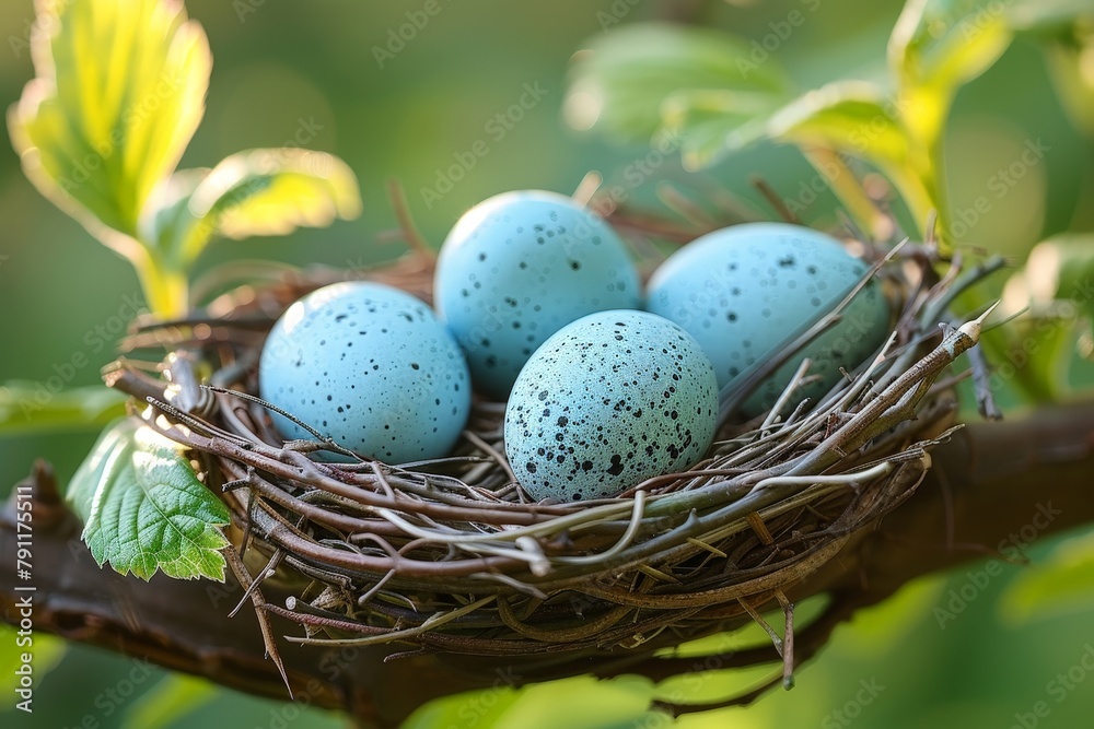 A bird nest with blue eggs is perched atop a tree branch in this image