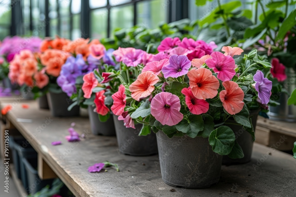 Multiple potted flowers arranged neatly in a row inside a greenhouse, showcasing a variety of colors and species