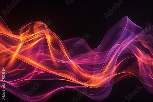 Abstract neon waves pulsating with energy in shades of orange and purple. Energetic artwork on black background.