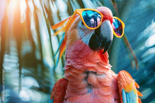 A vibrant parrot perched with sunglasses placed on its head, showcasing a playful and unique accessory photo