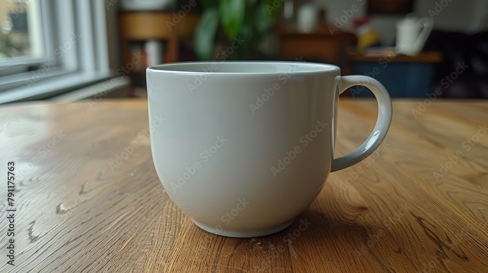 Mock up with white coffee cup rests on a wooden table, creating a simple and classic scene Mock up with white coffee cup rests on a wooden table, creating a simple and classic scene