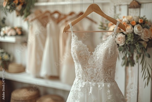 A white wedding dress hanging on a clothing rack in a bridal room, ready to be worn on a special day