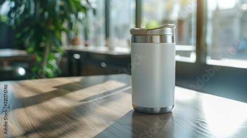 Blank mockup of a travel mug with a detachable infuser for enjoying loose leaf tea on the road. . photo