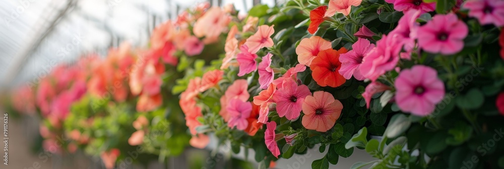 A line of vibrant pink and red flowers blooming in a greenhouse with lush green leaves