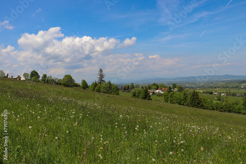 A beautiful panorama of vast Polish meadows against the background of mountains in the Lesser Poland Voivodeship. photo