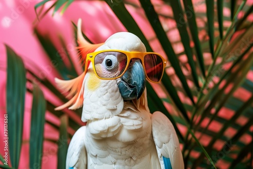 A parrot with vibrant feathers, wearing sunglasses perched on its colorful beak