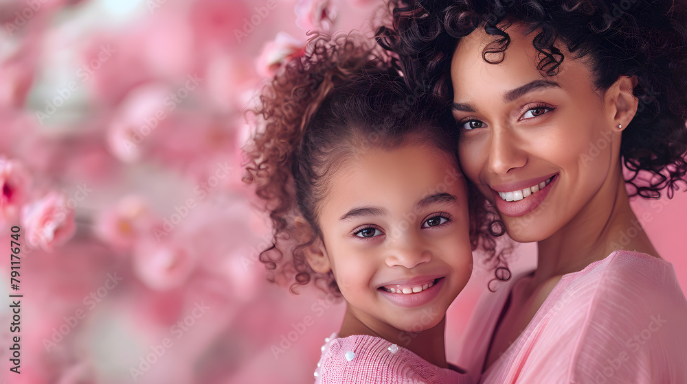 Happy Mother's Day celebration with a mom and her young girl smiling together against a pink background