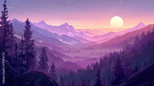 Illustration of valley view of forest fir trees, mountains and sunset