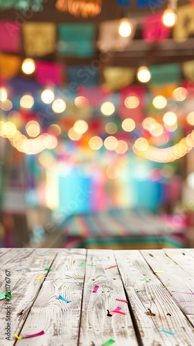 Empty table with confetti, Mexican party background. Space to place product
