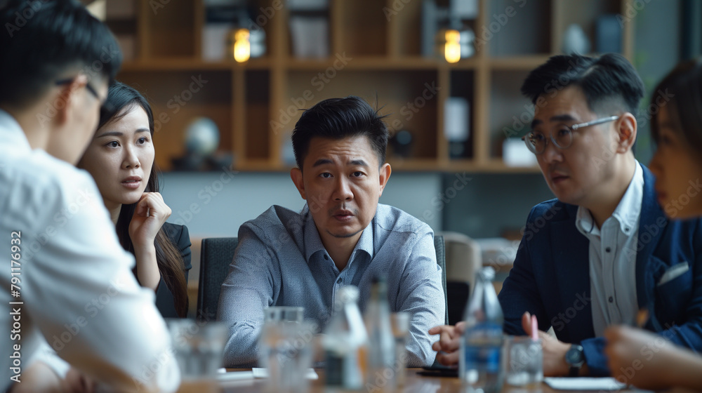 Asian Business Executives Struggle with Team Burnout in Corporate Setting, Reflecting on Exhaustion Amidst High Expectations