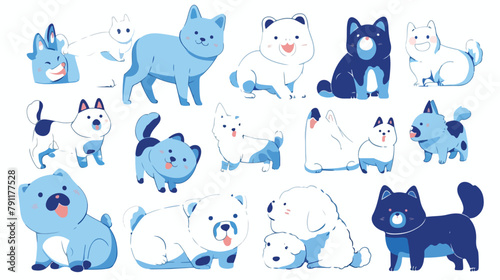 Collection of pet icons drawn with blue contour lin