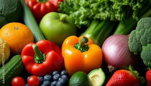 Colorful produce: broccoli, cucumber, tomato, celery, avocado, apple, orange, pepper, onion, radish, leek, squash, watermelon, cantaloupe, mango, pineapple, banana, blueberry, strawberry.