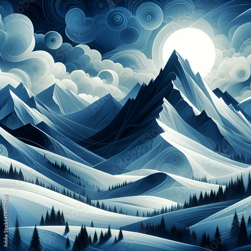 Abstract Fantasy Scene Pointed Snowy Mountain Peak Winter Landscape with Hills, Pine Trees, & Circular Clouds in Sky with Setting Sun Background Illustration in Blue Color Tones. First Light of Dawn