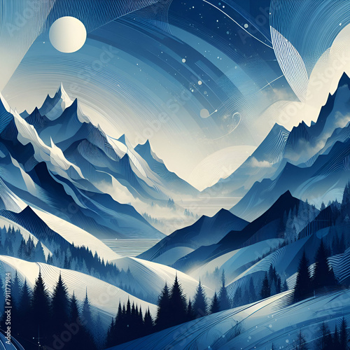 Abstract Fantasy Scene Pointed Snowy Mountain Peak Winter Landscape with Hills, Pine Trees, & Circular Clouds in Sky with Setting Sun Background Illustration in Blue Color Tones. First Light of Dawn photo