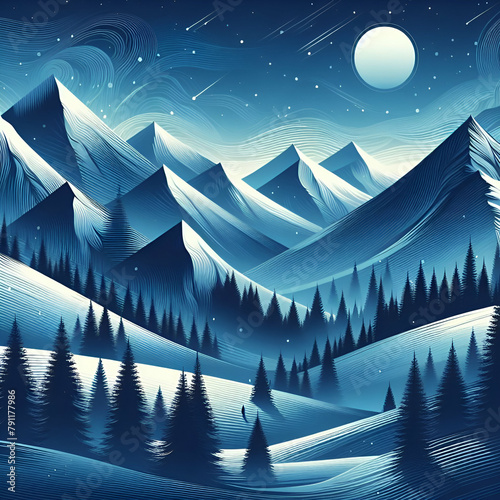 Abstract Fantasy Scene Pointed Snowy Mountain Peak Winter Landscape with Hills, Pine Trees, & Circular Clouds in Sky with Setting Sun Background Illustration in Blue Color Tones. First Light of Dawn