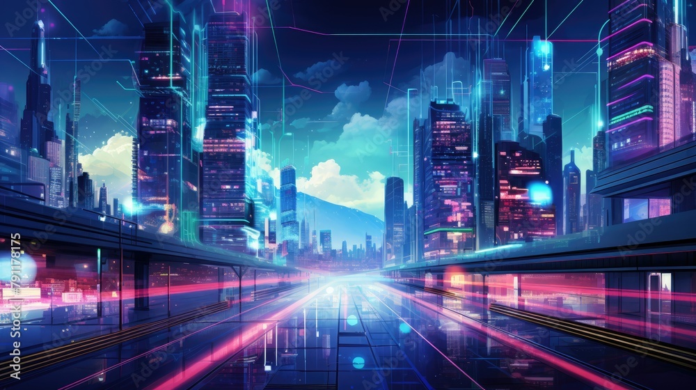 Abstract cyber cityscape with neon lights and digital billboards Abstract cyber cityscape with neon lights and digital billboards