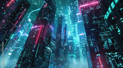 Abstract cyber cityscape with neon lights and digital billboards