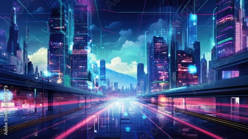 Abstract cyber cityscape with neon lights and digital billboards © JogjaCrafta