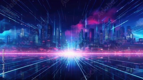 Abstract cyber cityscape with neon lights and digital billboards
