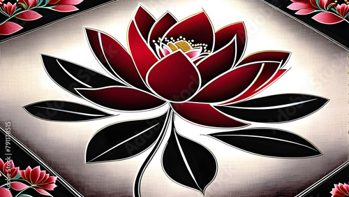 Shining Red Lotus on Black Background, Intricate Embroidery of Vibrant Red Lotus, Bold Contrast: Red Lotus Blooms on Dark Canvas, Stunning Black Background Red Lotus Embroidery Art