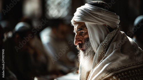 Elderly gentleman engrossed in prayer, draped in a traditional jewish tallit and wearing a kippah photo