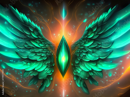 Angelic abstract motif in emerald gold color. Background colors with healing emerald and Archangel Raphael wings. photo