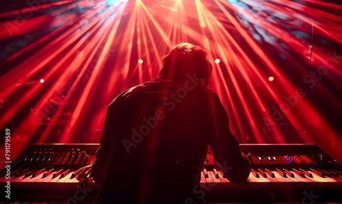 Silhouette of a musician playing a keyboard during a live concert with vibrant stage lights