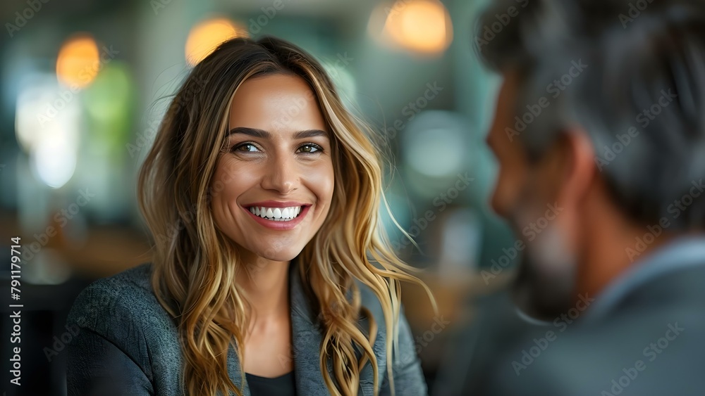 Businessman congratulating female employee symbolizes promotion and business success. Concept Business Success, Promotion, Congratulation, Workplace Achievement, Professional Growth - obrazy, fototapety, plakaty 