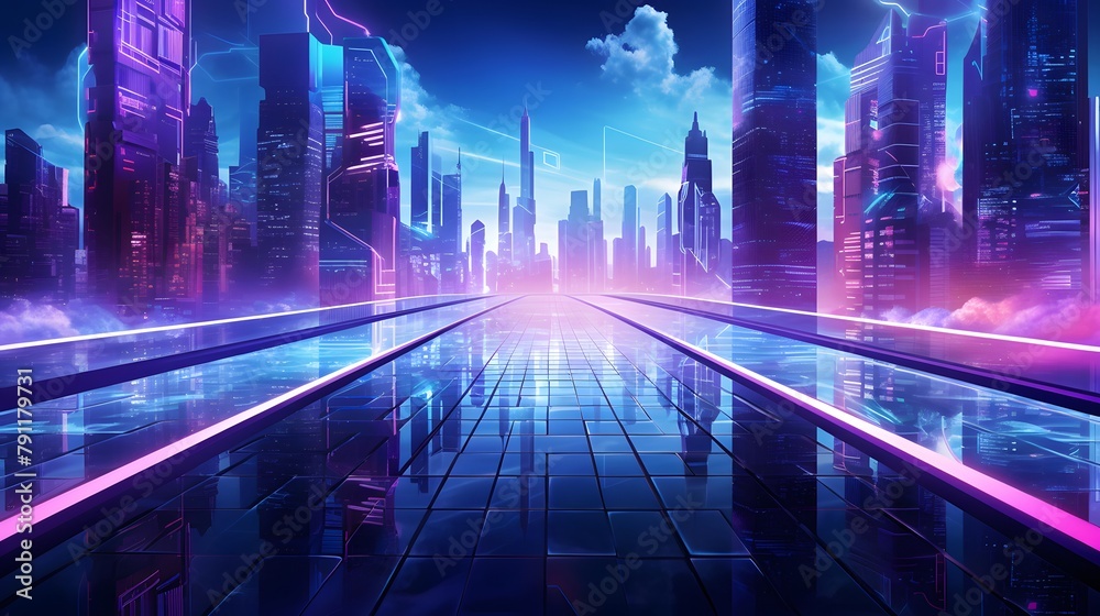 Futuristic city panorama with glowing neon lights. 3d rendering