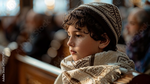 Young boy in traditional jewish attire at prayer photo