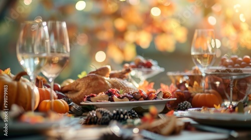 Defocused background image of a traditional Thanksgiving spread with blurred dishes and fall foliage in the background setting the scene for a cozy and indulgent feast. .