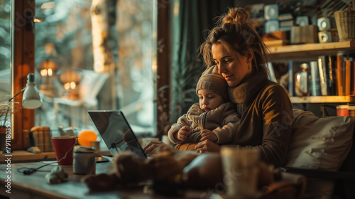 Cozy home office with mother and child