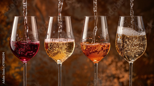 Pouring wine sequence in four glasses photo