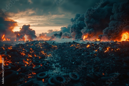 Toxic landfill full of rubber burning tires junkyard pollution waste disposal environmental disaster government regulation eco awareness threat plastic dump smoke fire damage to nature catastrophe photo