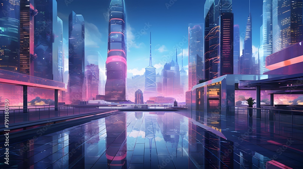 panoramic view of the modern city at night, 3d render